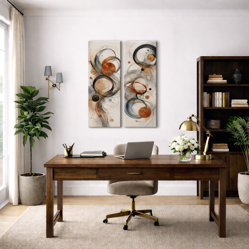 Ensemble de 2 impressions encadrées sur toile, motif abstrait de cercles superposés noirs, gris et orange rouille, 81 x 30 x 5 cm (32 x 12 x 2 pouces).