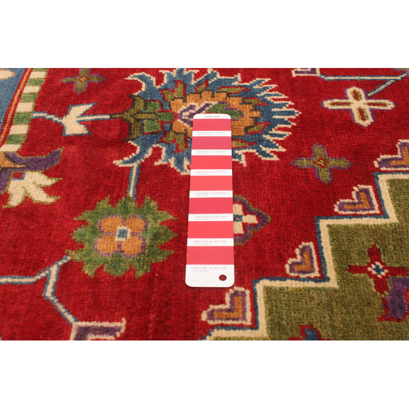 Tapis unique en laine noué à la main 6 pi 7 po x 9 pi 11 po nouvel âge Ollen en rouge foncé / jaune / bleu