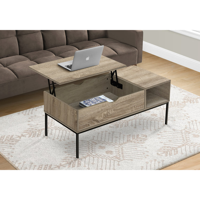 Table basse de 42 po avec plateau relevable, taupe foncé, rectangulaire, métal noir, option de rangement caché, base en métal taupe, dissimulée