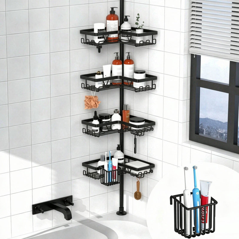 Étagère de salle de bain tendue à 4 niveaux avec porte-brosse à dents et crochets Tension Pole