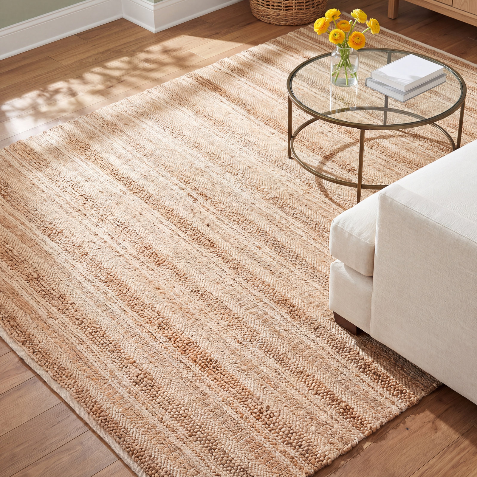 Brown Beige Hand-Woven Striped Wool Rug, Square 6'