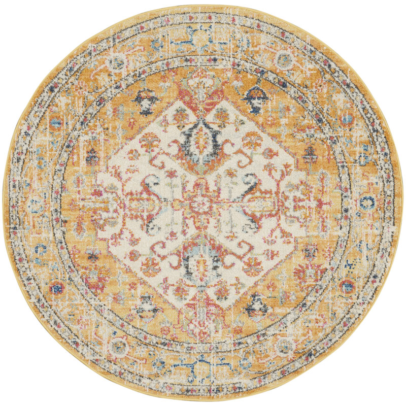 Tapis en polypropylène ivoire / orange tissé à la machine, Rond 5 pi 3 po