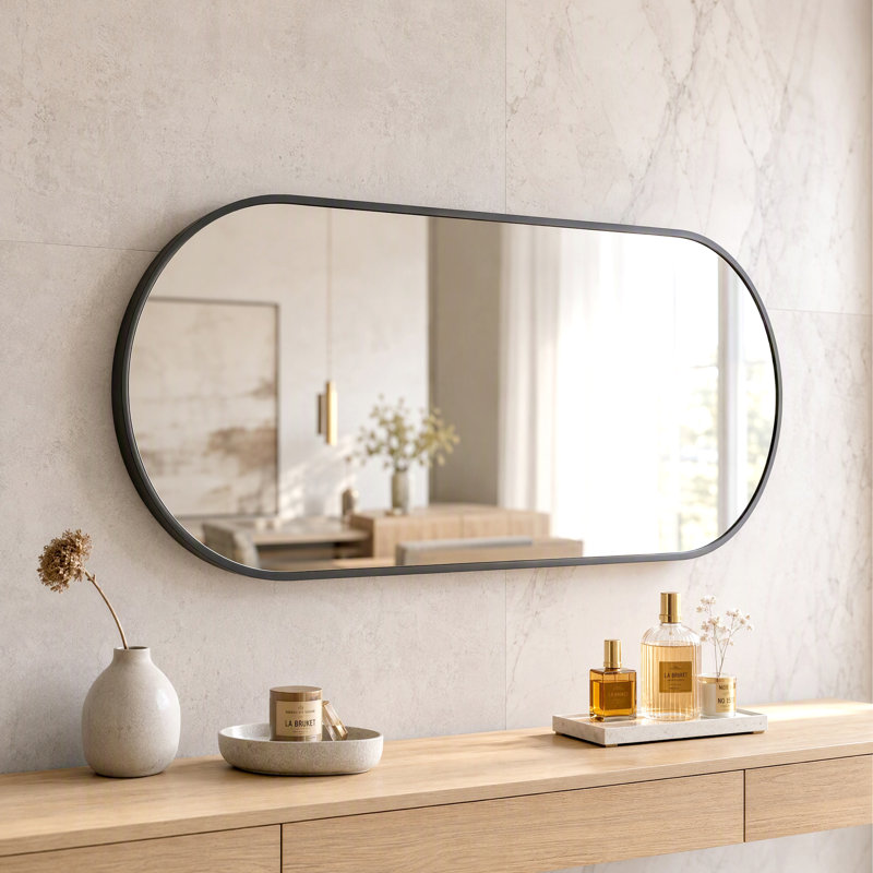 Miroir mural ovale pour salle de bain avec verre trempé et cadre en aluminium, 24*36, Noir