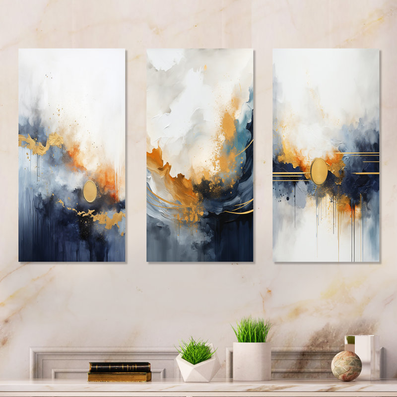 «Blue and Yellow Fluid Harmony», reproduction d'art sur toile, ensemble de 3, Toile tendue, H 28 po x l 36 po