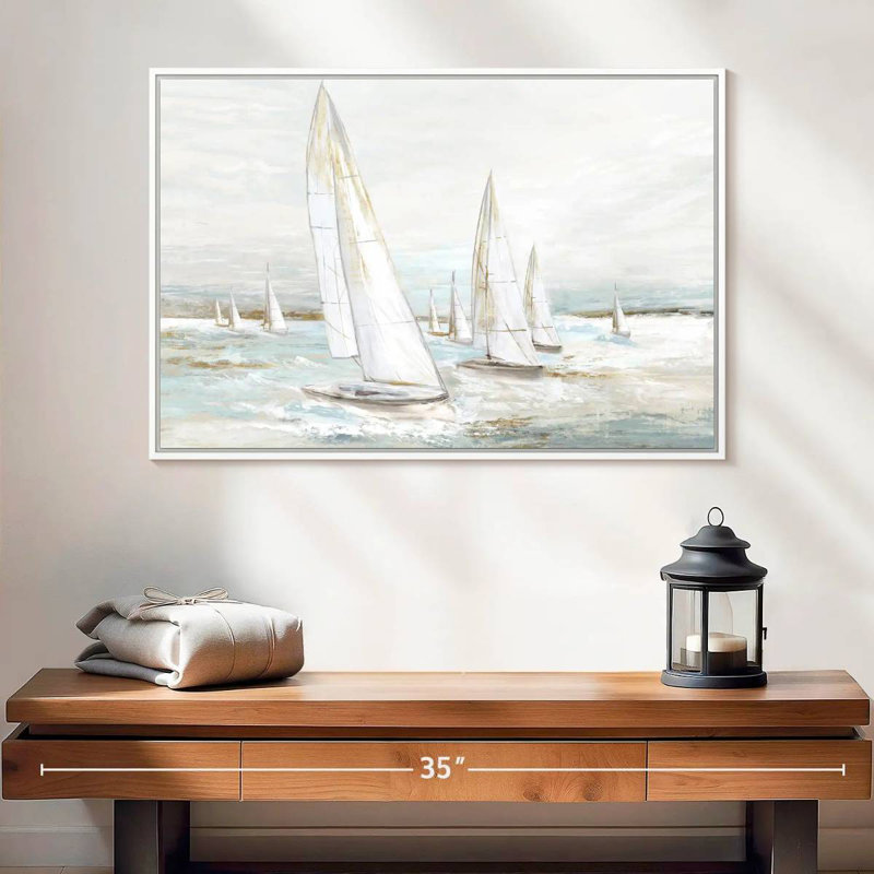 Voiles balayées par le vent I, Cadre flottant blanc, 25 po x 17 po
