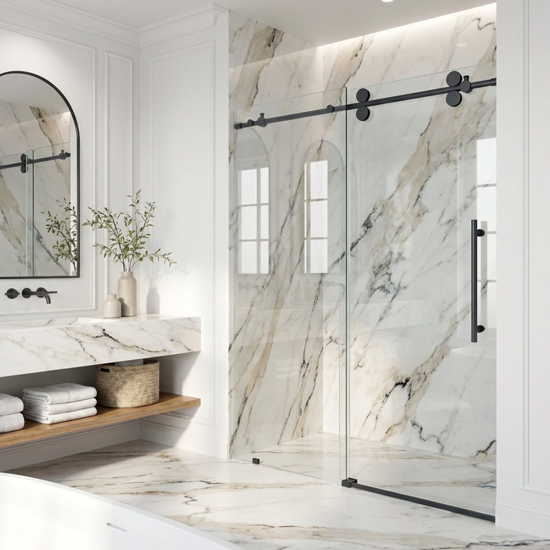 Elan 56-60" W x 74" H Sliding Frameless Shower Door with 3/8" Clear Glass, Matte Black
