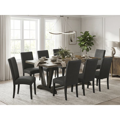 Ensemble de salle à manger 9 pièces comprenant une table rectangulaire à pieds en V et 8 chaises Parson rembourrées en lin noir, 101,6 x 182,9 cm (40 x 72 pouces).