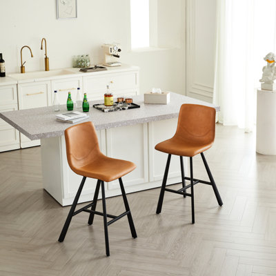 Tabourets de bar en cuir cognac avec structure, support pour le dos ergonomique, repose-pieds, pour îlot de cuisine et bar pour la maison, 2 faux carrés carrés en cuir, en métal et en métal noir