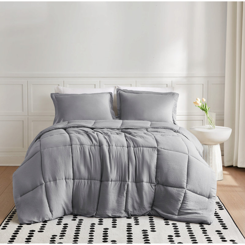 Ensemble d'édredon uni vraiment délavé, Édredon simple extra long + 1 taie décorative st, Gris
