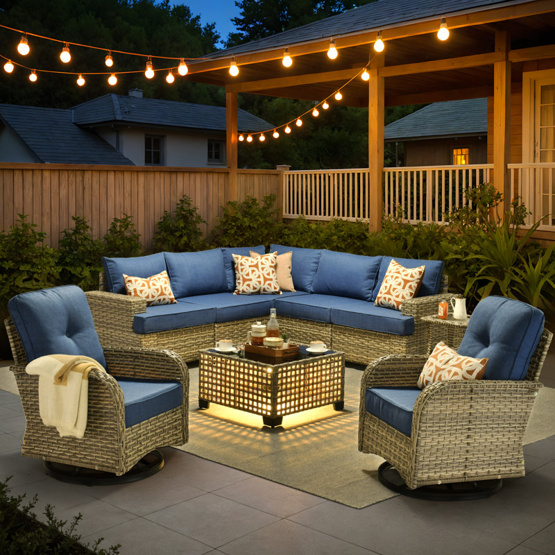 Tommy Outdoor Wicker 7 Person Seating Group With Cushions, Denim Blue, No