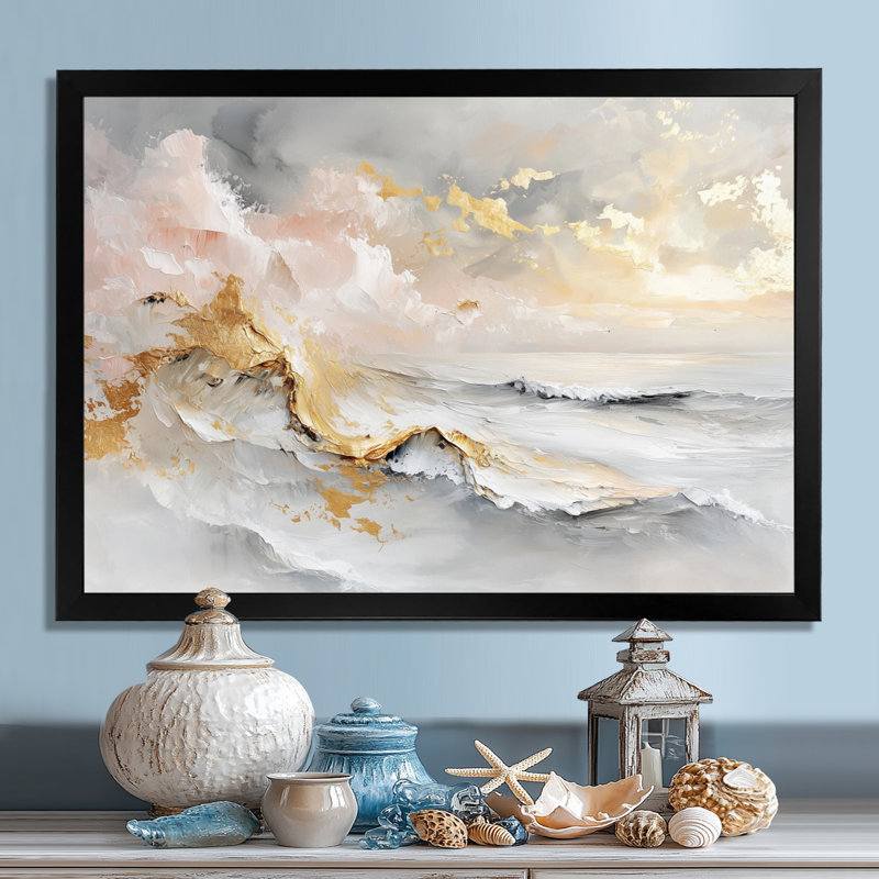 "Pure Golden Winter Beach Landscape III" - plage côtière, art mural, H 12 po x l 20 po, Cadre flottant, Noir