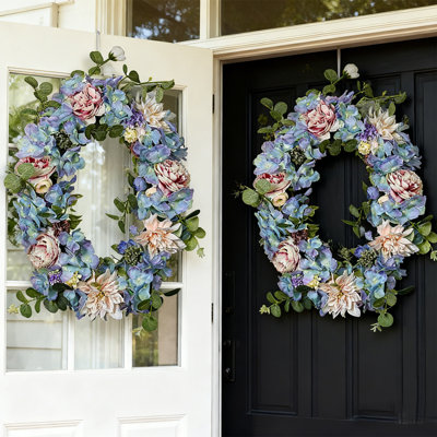 2Pcs Fleur de pivoine artificielle avec couronne de fleurs et feuilles vertes pour porte d'entrée, mariage, mur, décoration intérieure