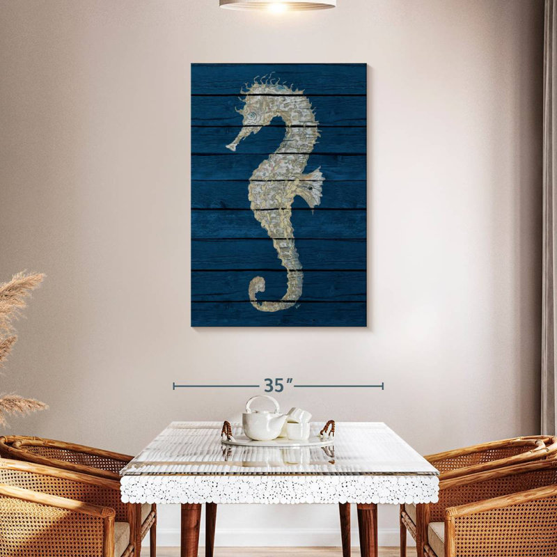 Hippocampe antique Brampt sur bleu II, H 45 po x l 30 po