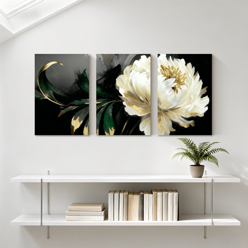 Pivoine fleur blanche avec accents dorés sur fond noir, ensemble de 3 impressions sur toile, H 24 po x l 48 po