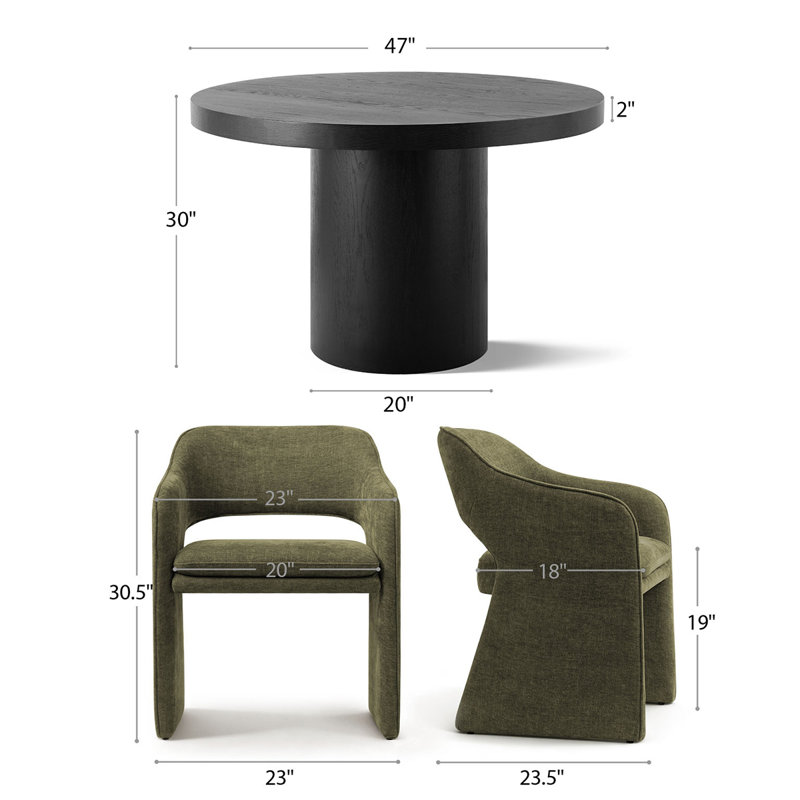 4 - Person Dining Table Sets With Solid Wood Round Table & 4 Upholstered Fabric Chairs, Charcoal, Olive Green