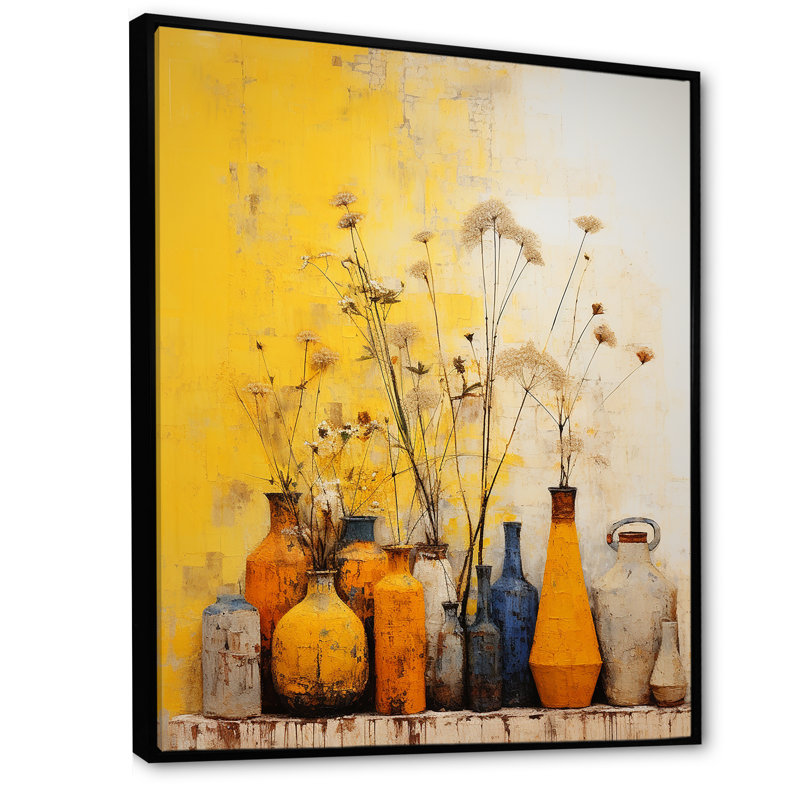 Minimalisme - poteries jaunes I - impression, H 40 po x l 30 po x P 1,5 po, Cadre flottant noir