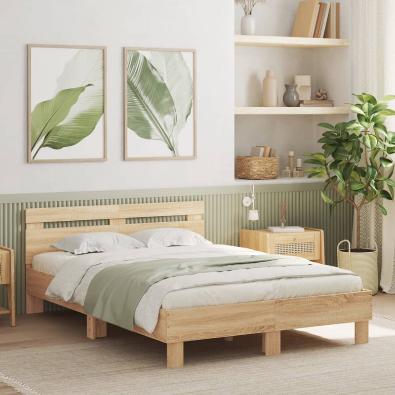 17 Stories Bed Frame With Headboard And LED Small Double, White, UK Double - 135 x 190 cm
