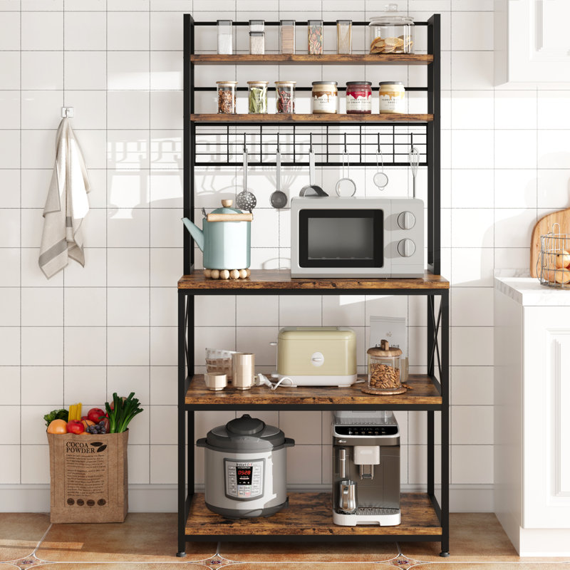 Support de boulanger de cuisine autoportant robuste à 5 niveaux - grandes tablettes de rangement pour four à micro-ondes, station de café, 6 crochets pour épices et pots, organisateur industriel - couleur: noir + couleur classique