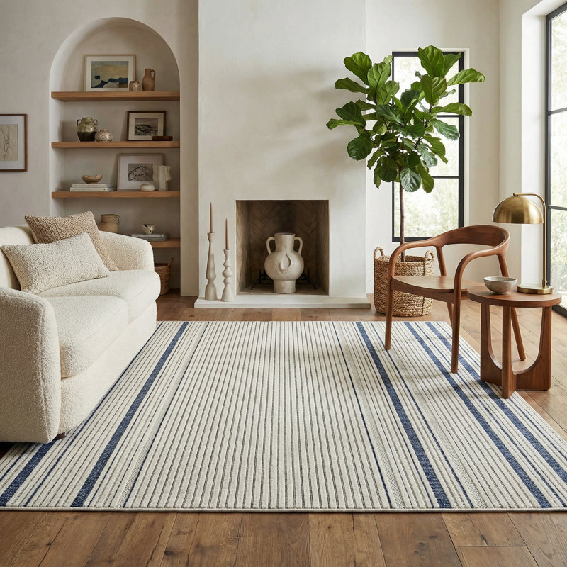 Tapis intérieur rayé crème / bleu 6 pi x 9 pi (5 pi 11 po x 9 pi 0 po) Maris de Tapis Branch, Rectangle 6' x 9'