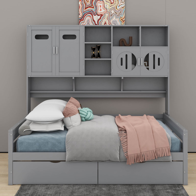 Full Size Wooden Daybed With 2 Drawers, Cabinet And Shelves, Gray