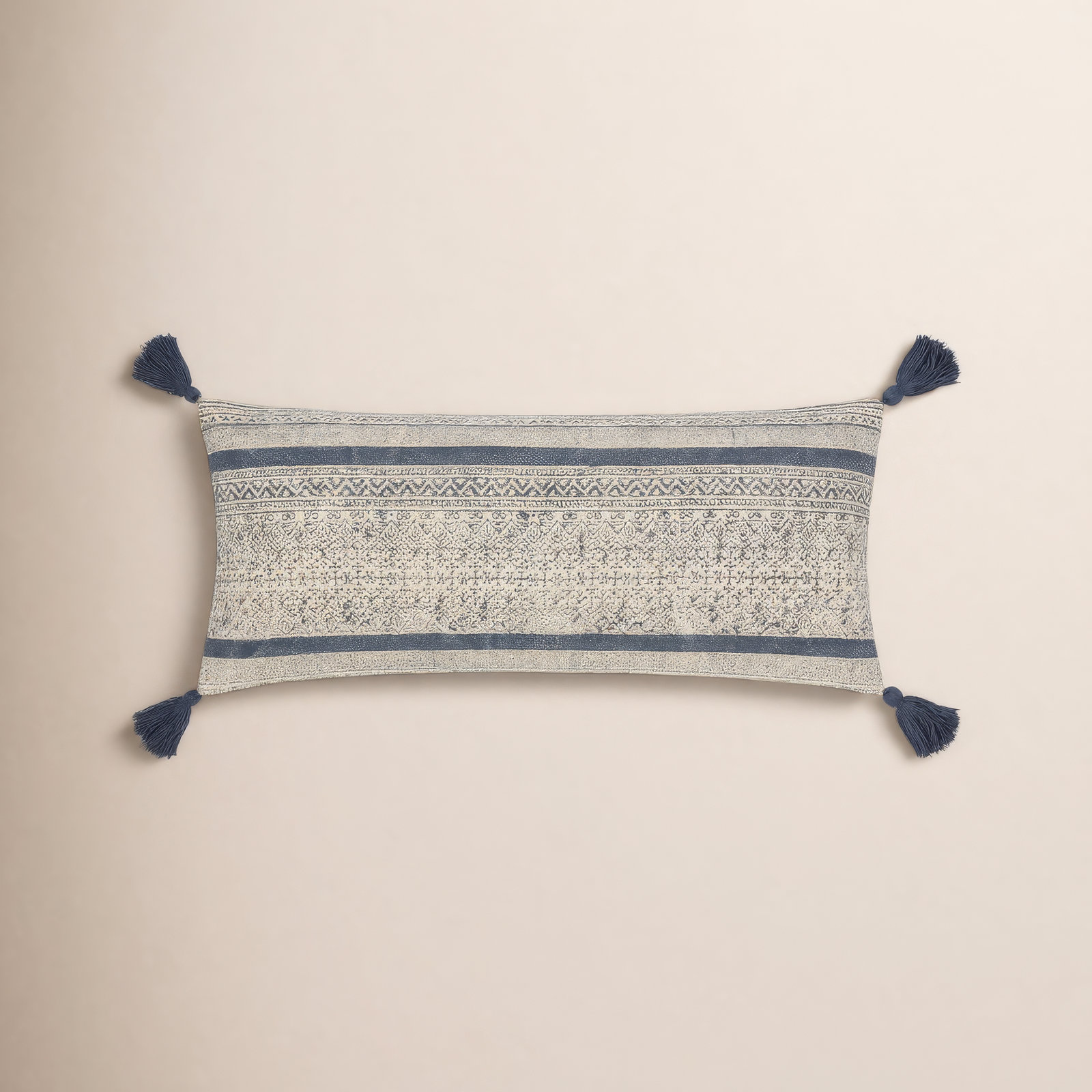 Zetta Tassels Cotton Lumbar Throw Pillow, Polyester/Polyfill, Beige/Denim