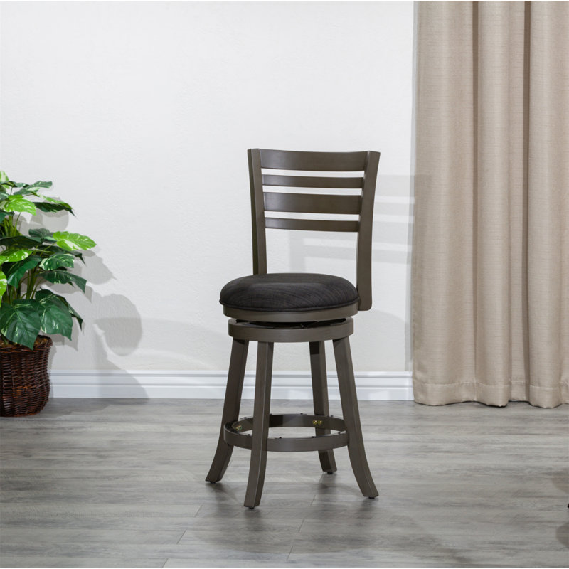 24" Counter Height Slat Back Swivel Stool, Weathered Gray Finish Fabric Seat, Brown Seat/Brown Frame