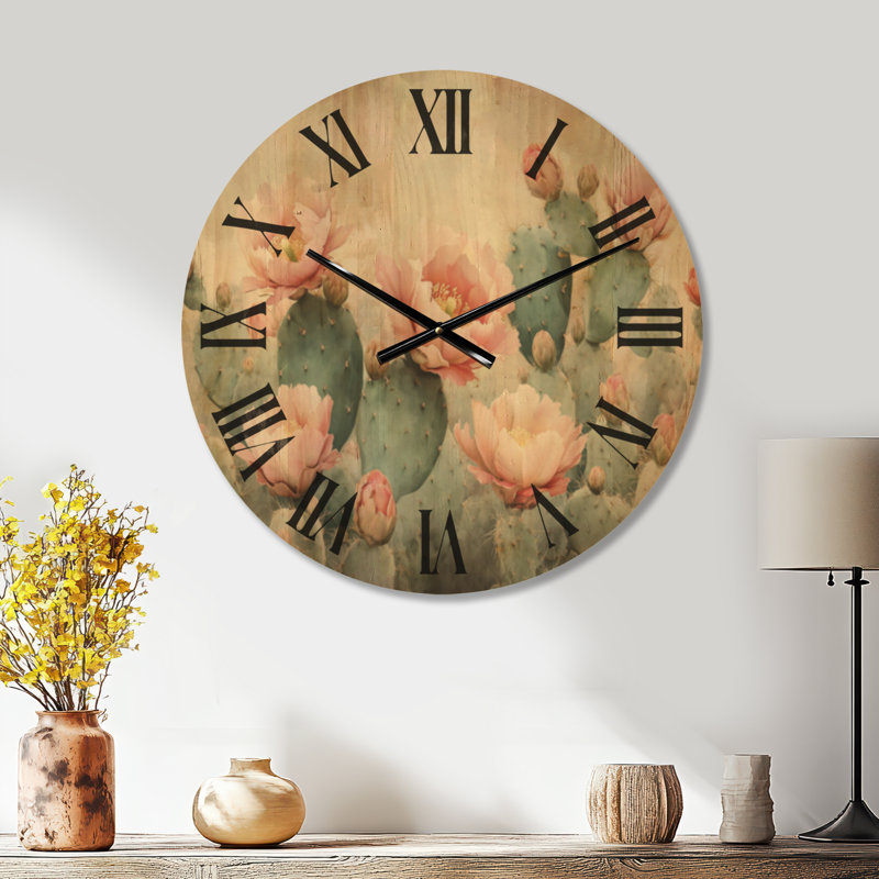 Grande horloge murale ronde en bois silencieux Cactus - Blush Desert Bloom, Large
