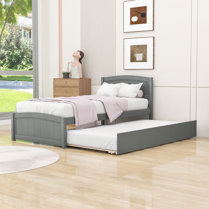 Lit plateforme simple en bois avec lit gigogne et tête de lit, Gris