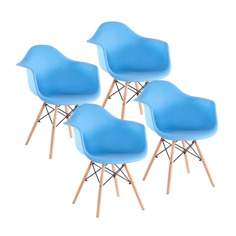 Hermina Plastic Dining Chair with Beechwood Legs, Blue, 4