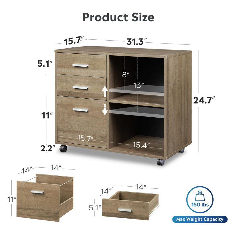 Lillith 31.3'' Wide 3 -Drawer Mobile File Cabinet, Gray Oak