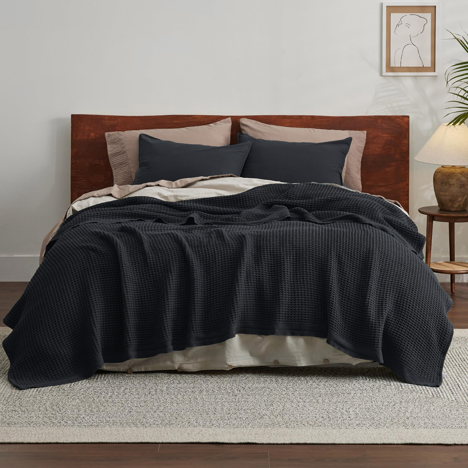 Bedsure Cotton Waffle Weave Throw Blanket, Black, Throw XL