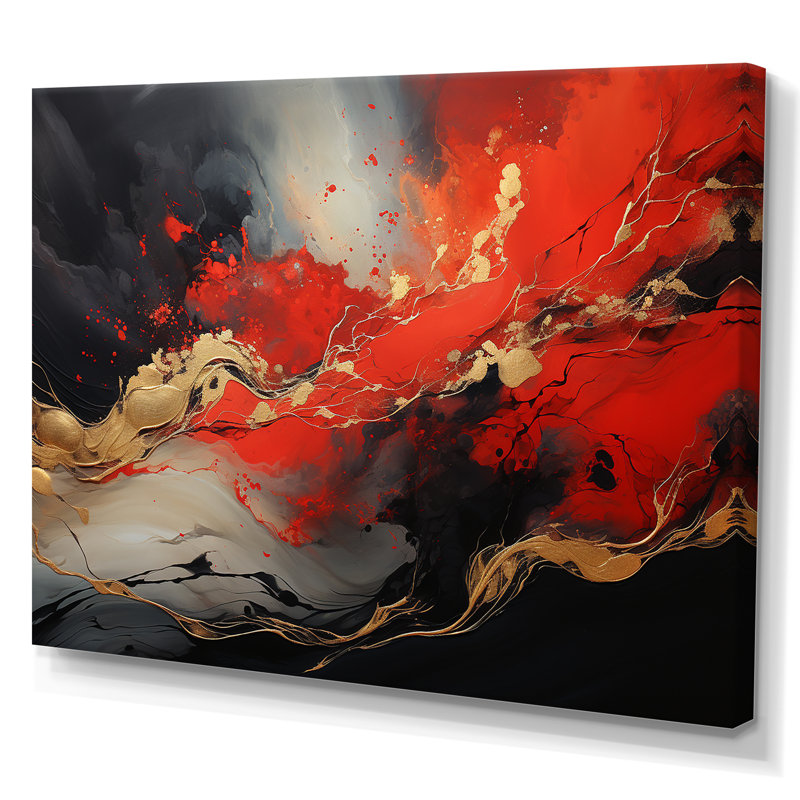 Volcan rouge et doré I - art mural abstrait, Toile tendue, H 12 po x l 20 po x P 1 po