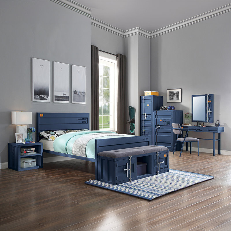 Blue Metal Storage Bench with Gray Fabric Seat