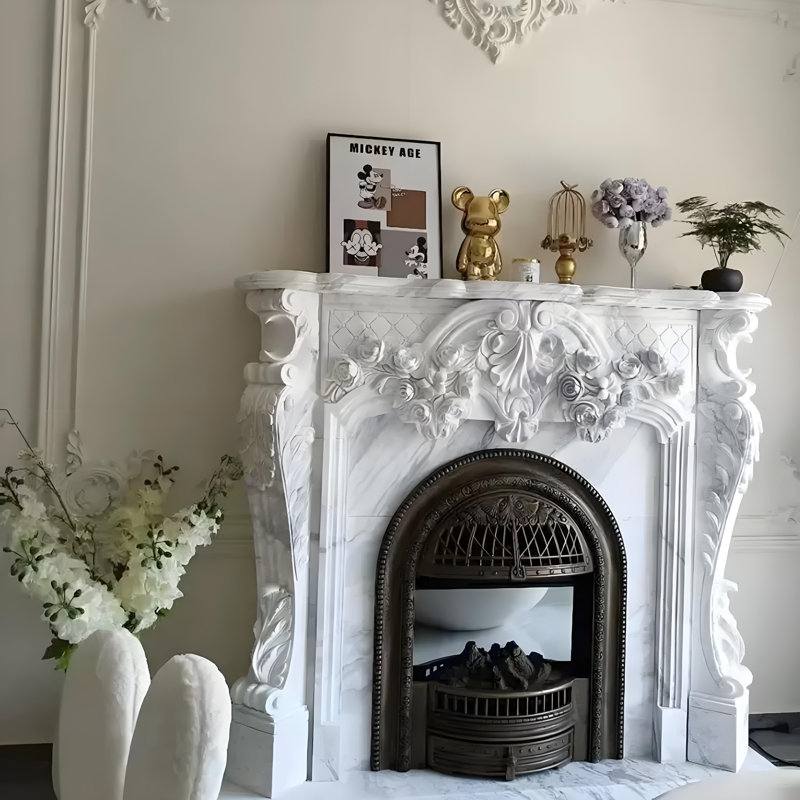 59.06"Gray White Natural Marble Decorative Fireplace Mantel, 13.78" D x 59.06" W x 47.24" H, Gray/White