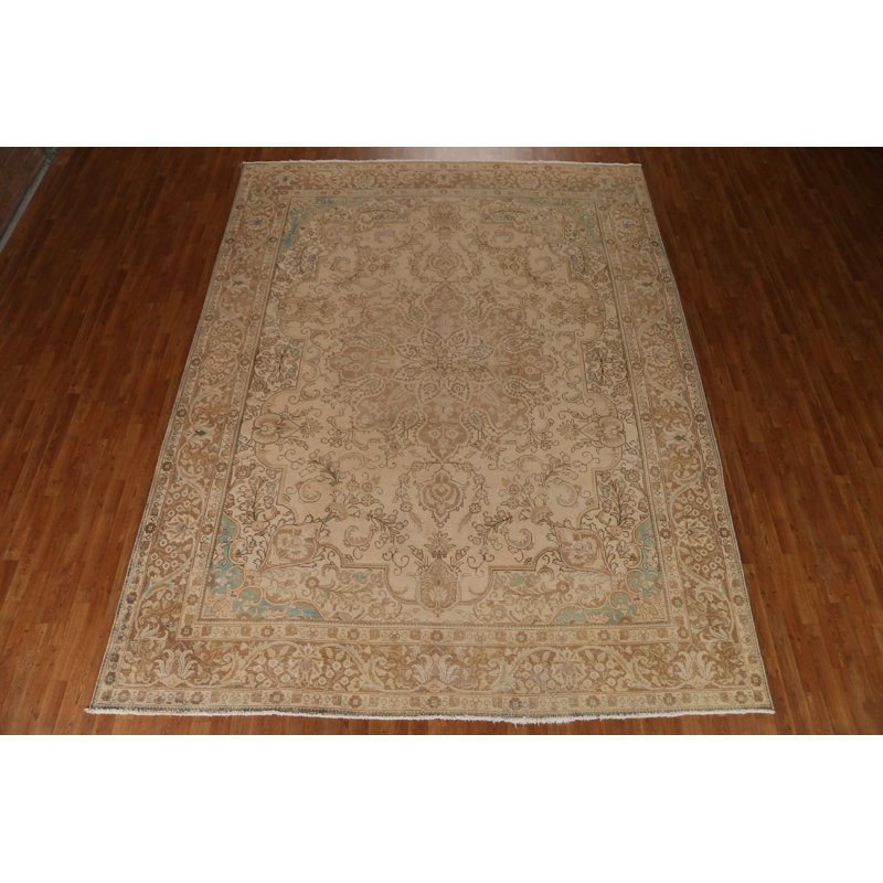 Tapis brun / vert en laine noué à la main de conception unique 9 pi 10 po x 12 pi 8 po années 1970 Loxley