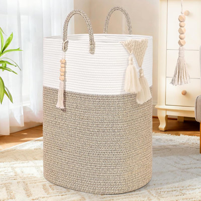 Woven Laundry Basket With Beads Tassel, 65L Large Rectangular Clothes Hamper - Natural Seagrass & Cotton Rope Storage Bin For Nursery, Bedroom, Laundr