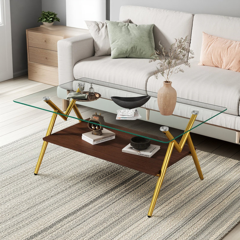 Rectangle Coffee Table with Tempered Glass top and Golden Metal Legs, Modern Table for Living Room , Transparent Glass
