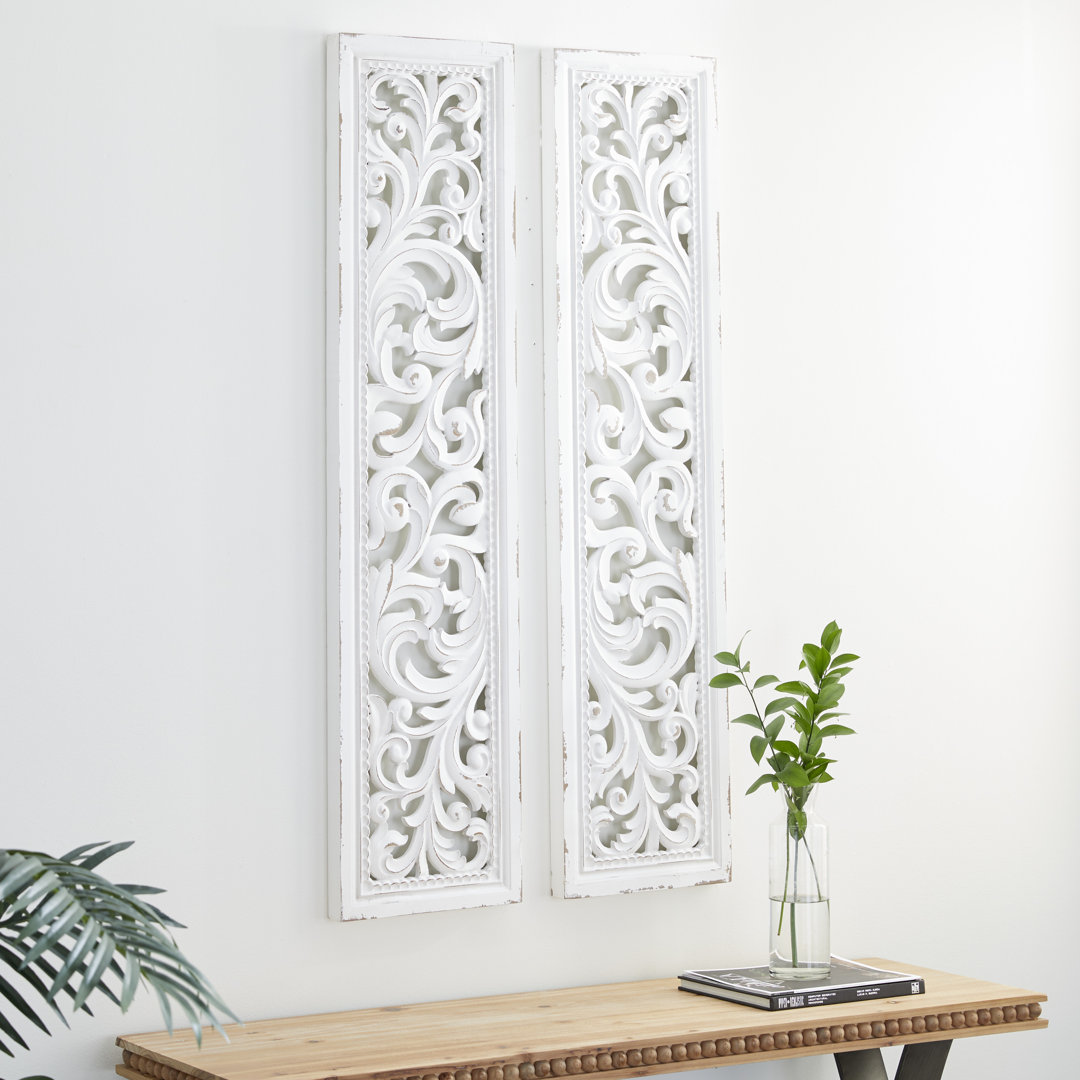 White Wood Intricately Carved Scroll Floral Wall Decor 12"W, 49.5"H (Set of 2) Dakota Fields
