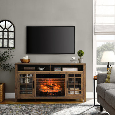 Electric Fireplace Tv Media Stand, 55". Color. 5000 'S Per Hour. Overheat Cut-Off. Adjustable Flame. Easy Installation 55" Stand With Fireplace. Reclaimed Design. Heat. Protection. Realistic Flame