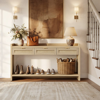 60"W Natural Rattan Console Table With 3 Drawers & Open Shelf, Modern Farmhouse Entryway Table With Anti-Slip Raised Edge & Adjustable Feet For Living Room, Hallway, Bedroom