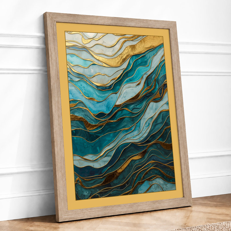 Flowing Marbled Waters Abstract - Framed Print, A4 - 29.7 x 21.0 cm, Oak