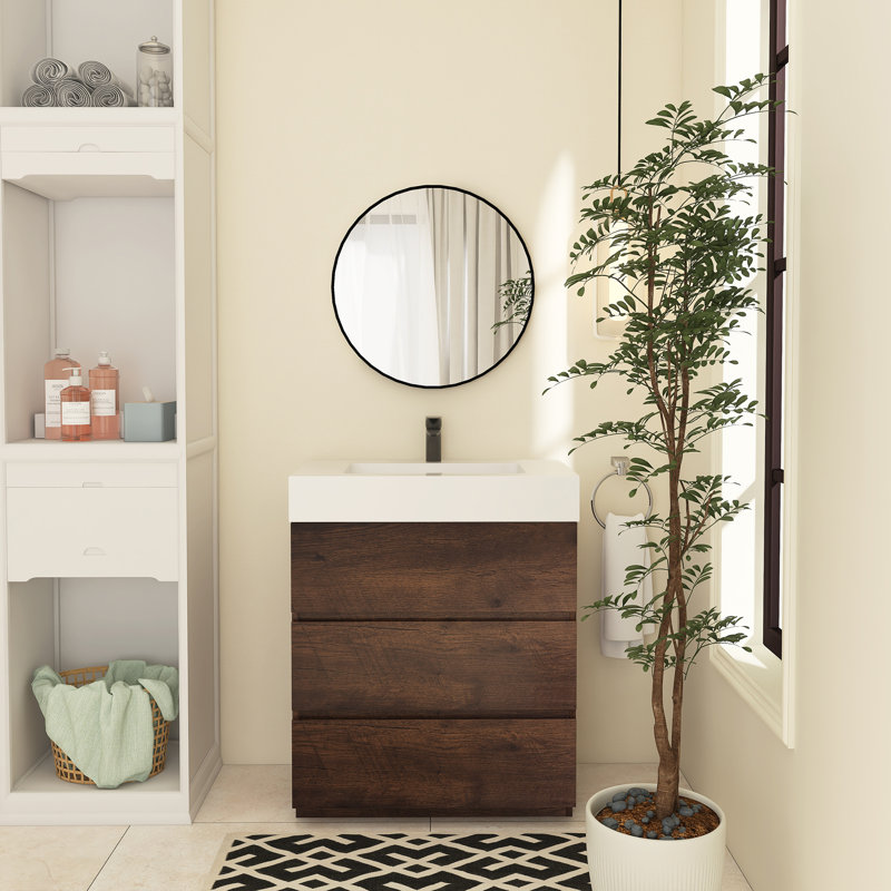 Reniel Single Bathroom Vanity Bathroom Vanity, White, Walnut, 30"