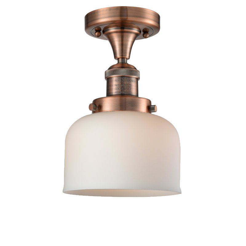 Bell - 1 Light 8" Semi-Flush Mount, 6 Watt Vinage LED Bulb, Matte White Cased, Antique Copper