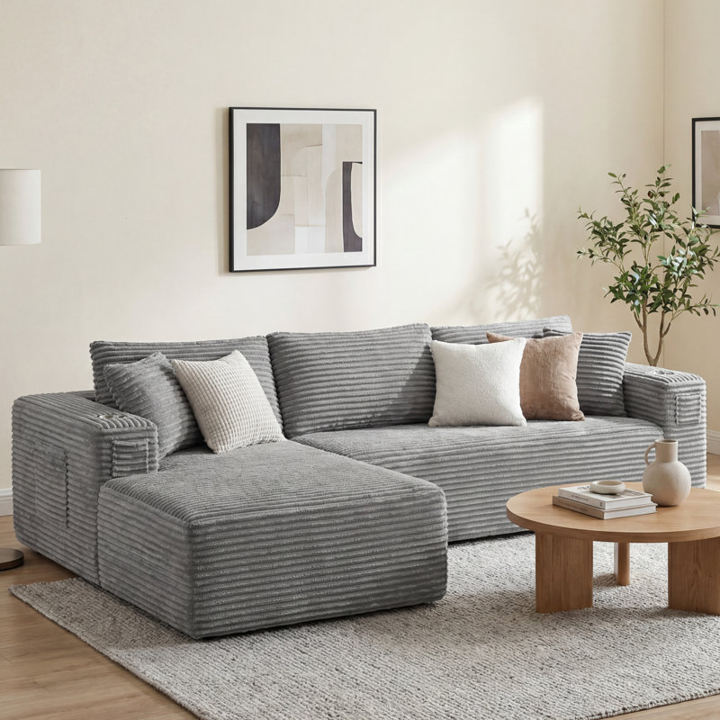 Boneless 108" Modern L-Shaped Compression Sectional Sofa With Chaise Deep Seat Corduroy Upholstered Couch