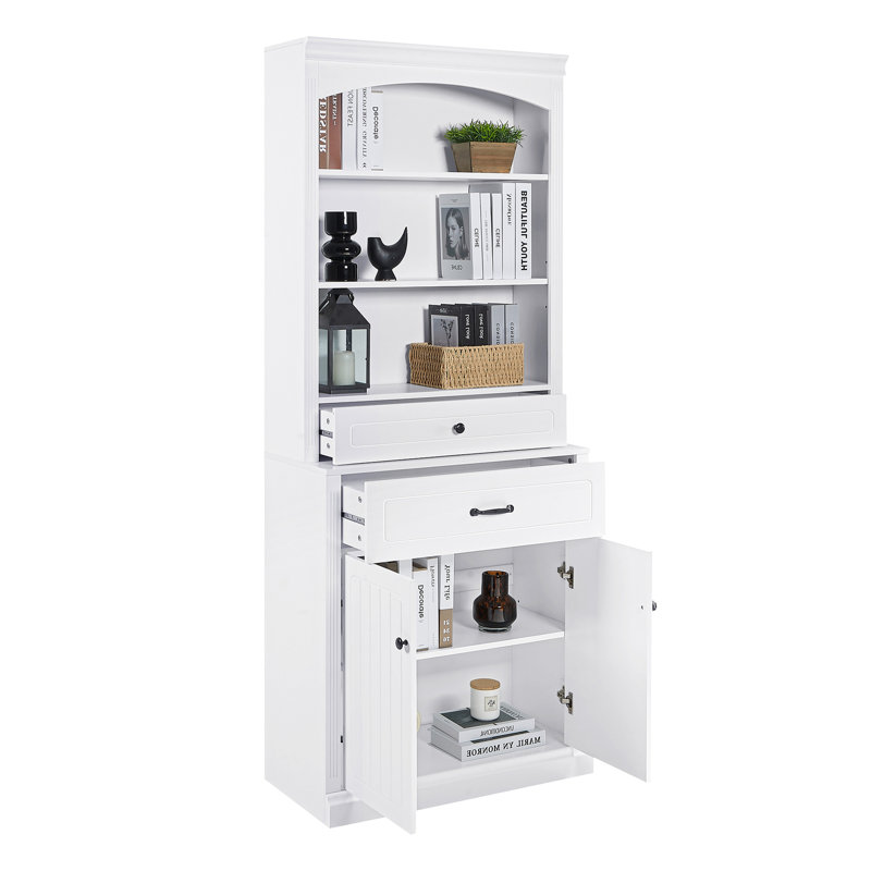 Armoire de rangement blanche avec quatre portes, tiroirs, tablette réglable et six tablettes ouvertes