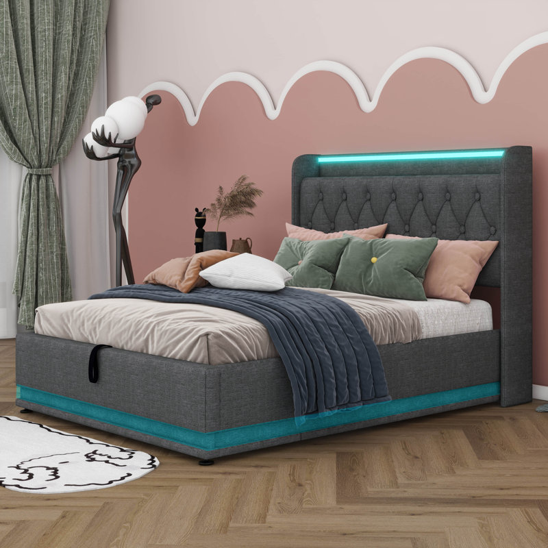 Lit de rangement relevable moderne, cadre de lit à DEL avec station de charge, lit plateforme tapissier avec tête de lit à oreilles
