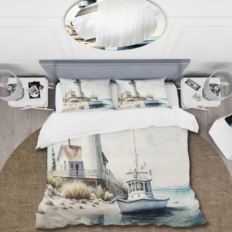 Ensemble d'édredon traditionnel 4 pièces - Ensemble de literie et coussin décoratif bateau de pêche et phare I