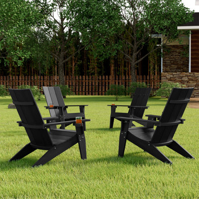 Ensemble de 4 chaises Adirondack surdimensionnées tout temps Aurra avec porte-gobelets rétractables, chaises de foyer en plastique HIPS (noir)