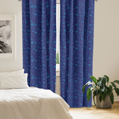 East Urban Home Snail 4-Panel Curtains, Seashells Starfish Oyster, Indigo and Blue