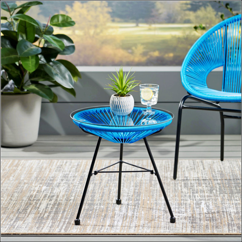 Nusa Rattan Side Table With Tempered Glass Top, Perfect For Modern And Durable Outdoor Use.